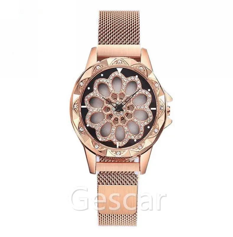 

Unique Rotatable Diamond Flower Dial Alloy Crystal Case Fashion Luxury Mesh belt Ladies Wrist Watch, 5colors