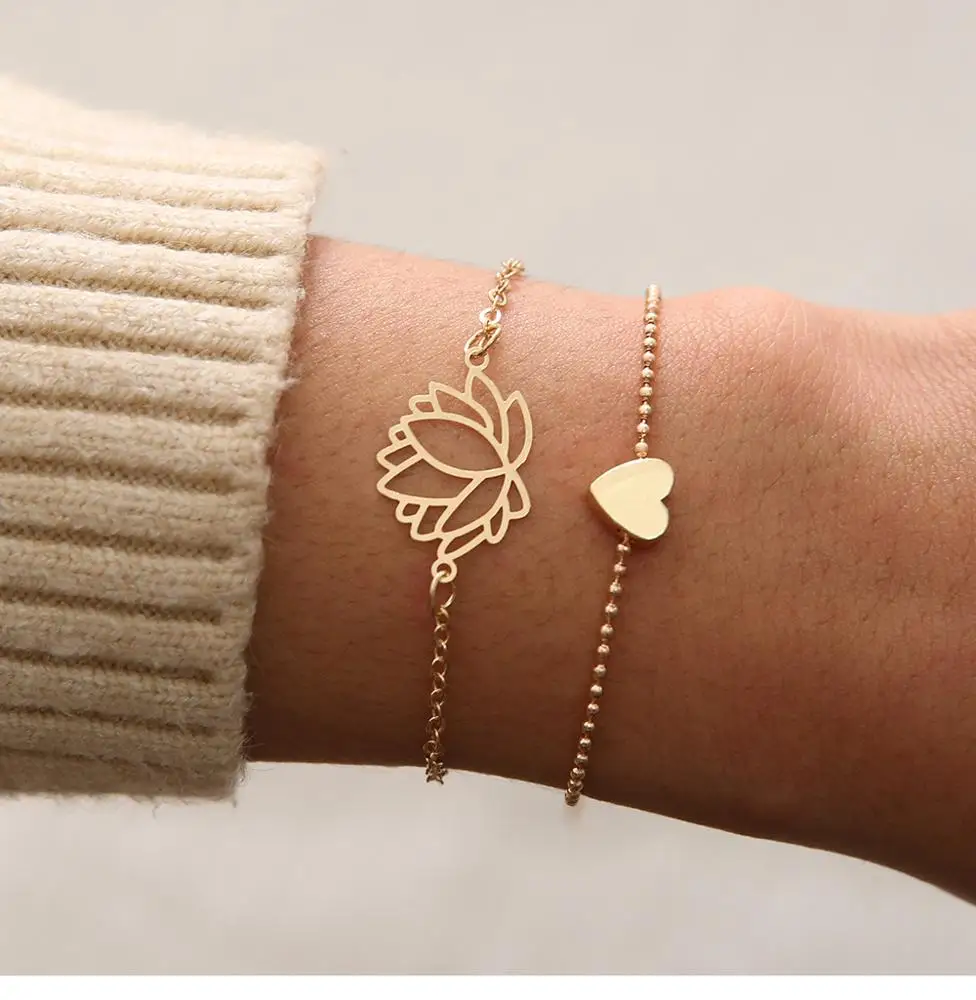 

2pcs/set New Simple Female Personality Bohemia Gold Hollow Lotus Love Heart Chain Link Bracelet Set Jewelry, Gold color