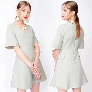 China Factory New High-end Ladies Slim Sexy V-neck Short Sleeve Office Work Casual Women Party Dresses 2