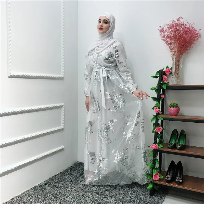 

Fashion islamic floral shinning sequins luxury full length EID muslim women dress long abaya dubai, White;beige;wine red;black;navy;dark green;gray 7 colors