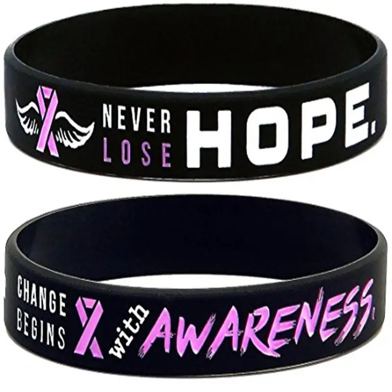 

black with pink and white text Breast cancer awareness ribbon sport silicone rubber bracelet wristband, Pantone color