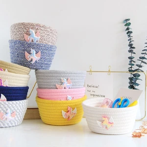 Image of Cute Small Short Handle Solid Color Cotton rope woven storage basket