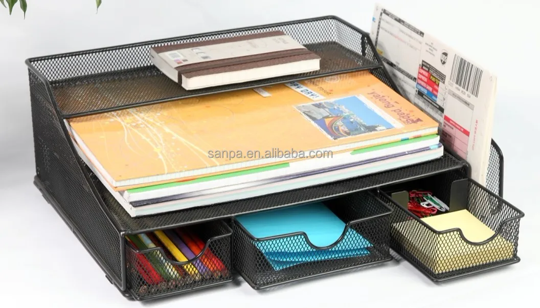 Metal Mesh Wire Office Stationery Desk Storage Organizer/ Multifunction A4 Paper Holder With