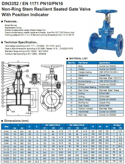 Din3352 /en 1171 Pn10/pn16 Nonrising Stem Resilient Seated Gate Valve