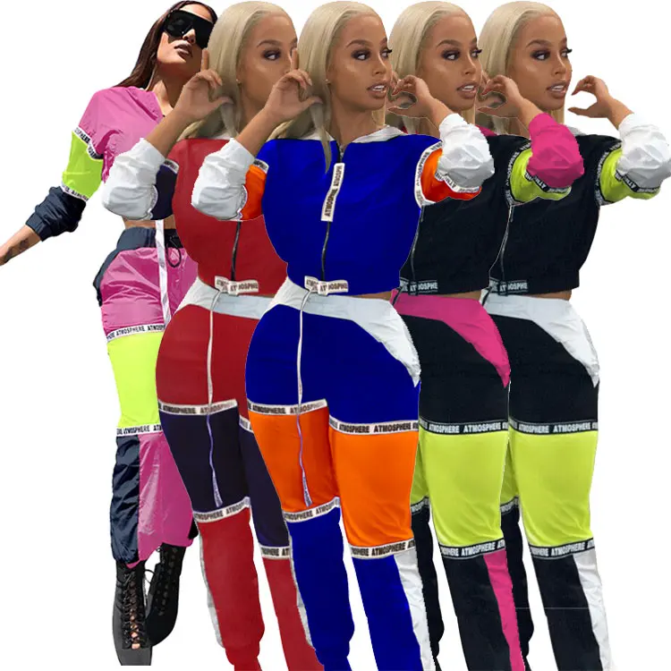 

M3068 fashion patch hooded top and pants two piece women outfits