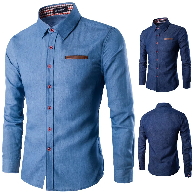 

men's leather pocket long sleeve slim lapel denim shirt, Picture shown