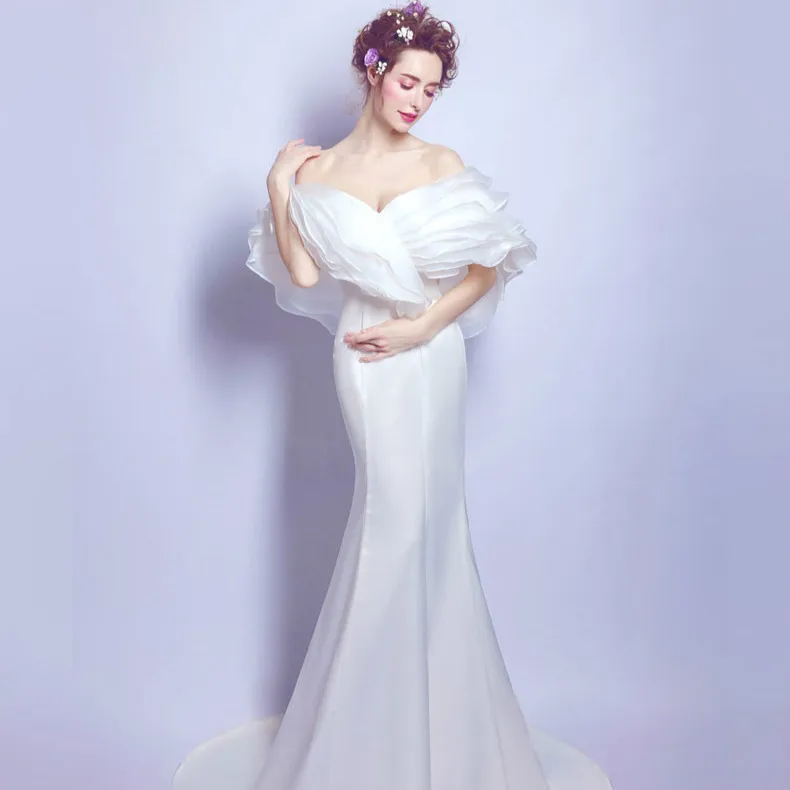 

2769 Sexy White Mermaid Wedding Dress 2016 Multilayered Lotus Sleeve Court Train