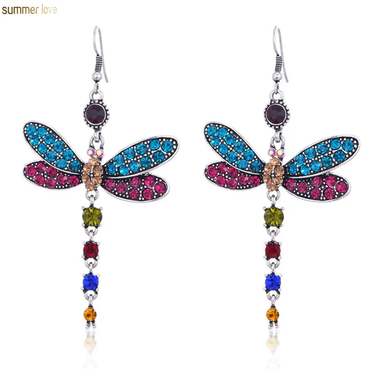 

Vintage Boho Women Multi Color Animal Dragonfly Rhinestone Long Tassel Drop Dangle Crystal Earrings Jewelry Accessories, Colorful