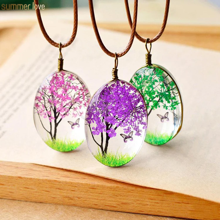 

New Fashion Handmade Lovely Waxed Rope Chain Dried Flowers Tree Oval Ball Glass Pendant Necklaces Christmas Jewelry Gifts, Colorful