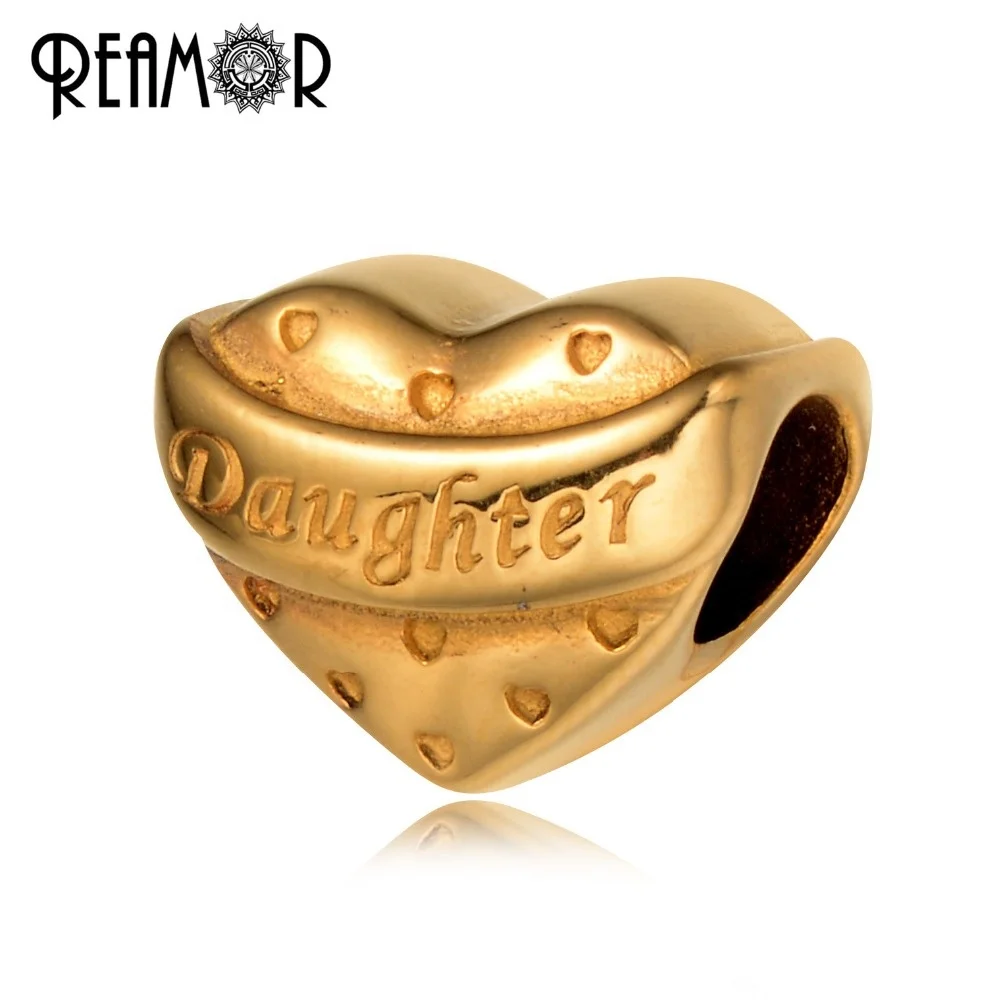 

REAMOR Vacuum Gold plated 316l Stainless Steel Heart Daughter Mom Mather Letter European Big Hole Beads Charm Bracelet Wholesale