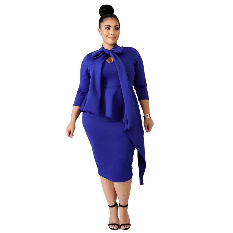 

Luxury Wholesale Blue Bowknot Mock Neck Plus Size Midi Bodycon Dress Women, As shown