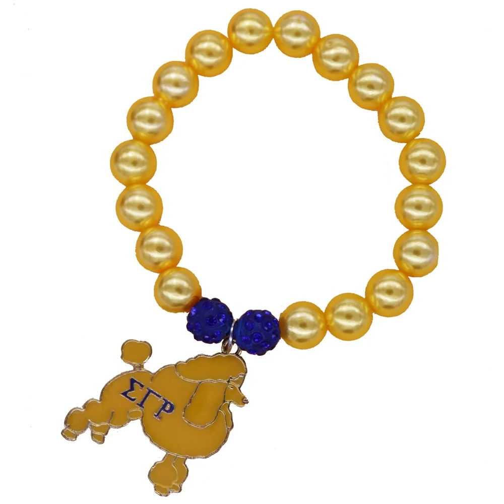 

Handmade Elastic Sorority Fraternity SGRHO Sign Greek Letter Sigma Gamma Rho Poodle Charm Yellow Pearl Strand Bracelets