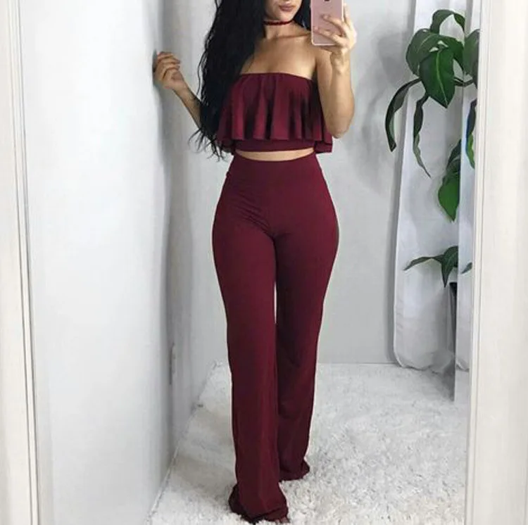 

2 Two Piece Set Women Suit Off Shoulder Ruffle Crop Top And Long Pants Sets Sexy Tracksuit Conjunto Feminino Y11711