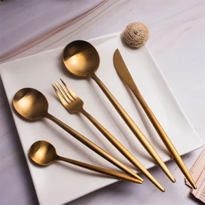 Image of High Quality 18/10 Western Wedding Gifts Gold Flatware Matte Spoon Fork Knife Golden Cutlery Set