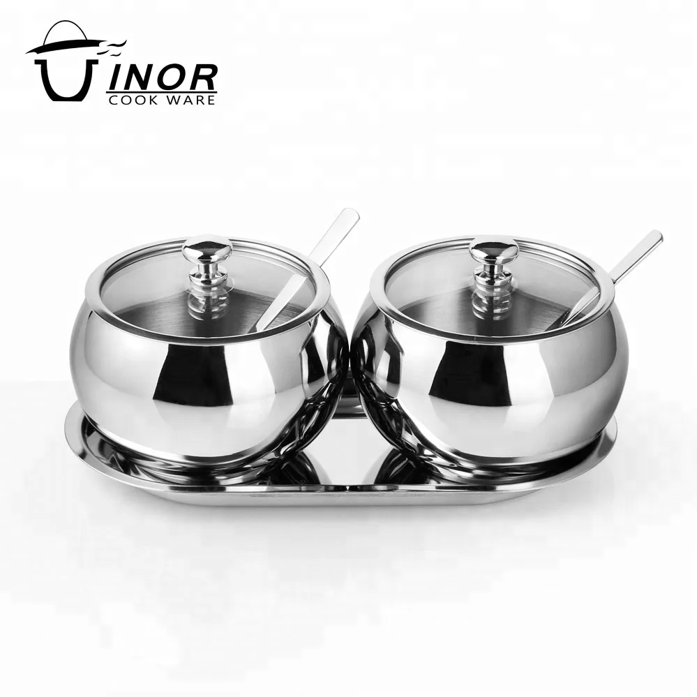 

Chaozhou sugar bowl stainless steel coffee tea canister with glass lid, Sliver