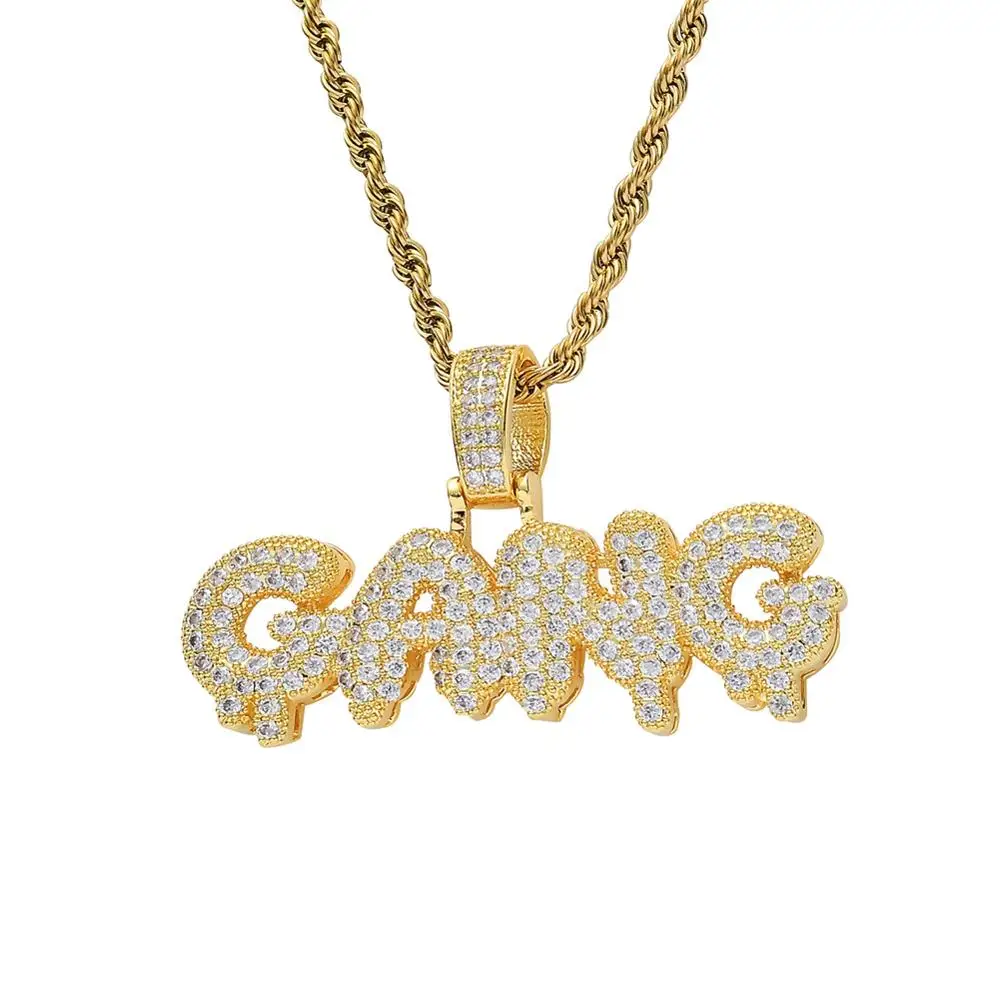 

European Personalized Copper Jewelry Hips Hops Iced Out Pave Cubic Zirconia Letter GANG Pendant Necklace, Gold, silver
