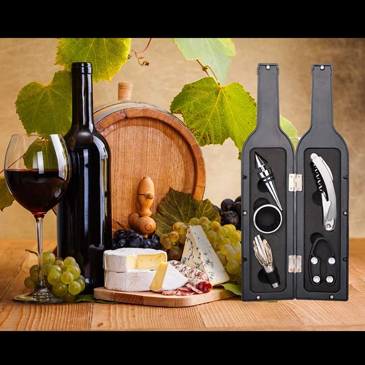 

Hot Wine Bottle Gift Accessory 5 Piece Opener Corkscrew Kit With Christmas Party, Black