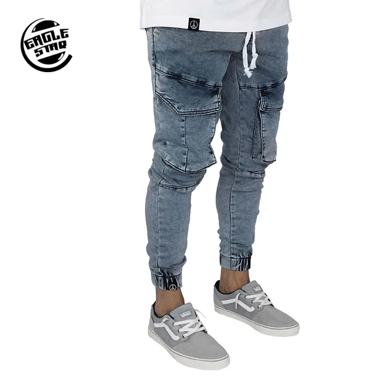 

Guangzhou apparel manufacturer men's trousers with multiple pockets of jeans and tied feet