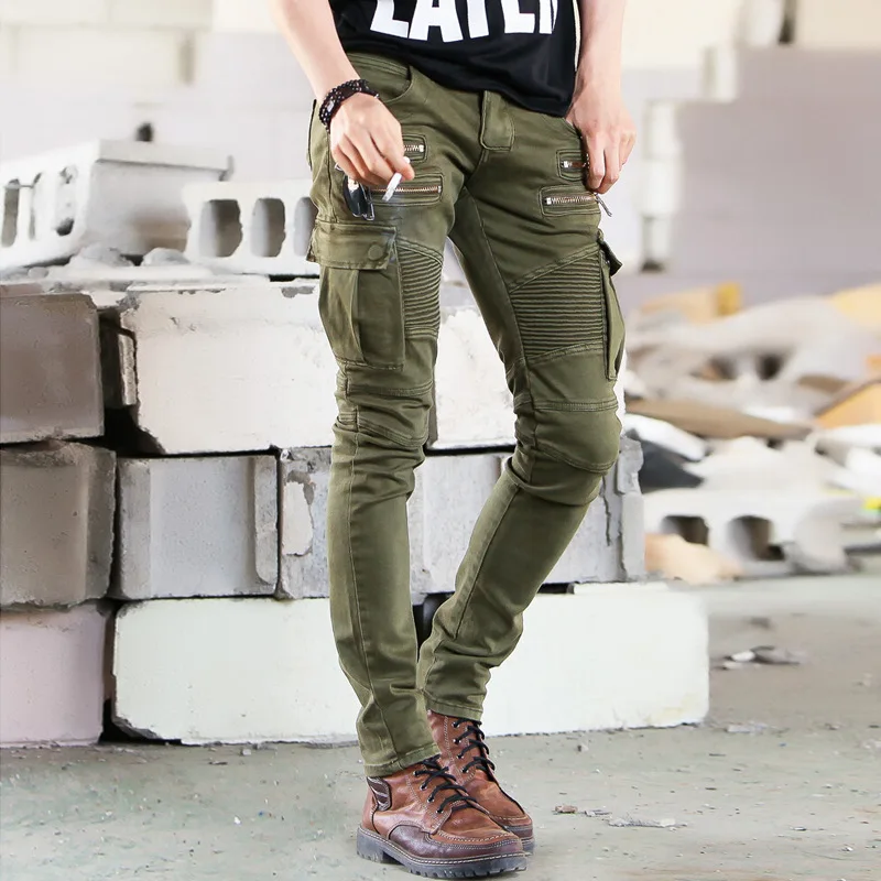 

wholesales army green men skinny elastic jeans, Black/army green