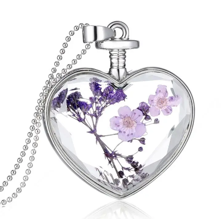 

Dried Purple&Red Flowers Heart Glass Current Bottle Pendant Bead Necklace Gift