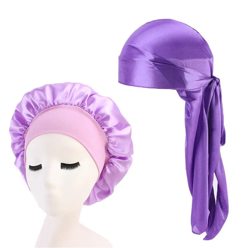 Wholesale 2pcs Set Turban Du Rag Cancel Chemo Cap Sleep Hat Solid Satin Silky Hair Durags And ...