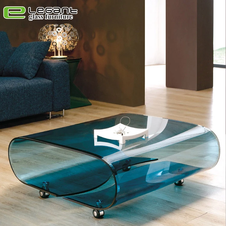 Movable blue glass oval coffee table with wheels