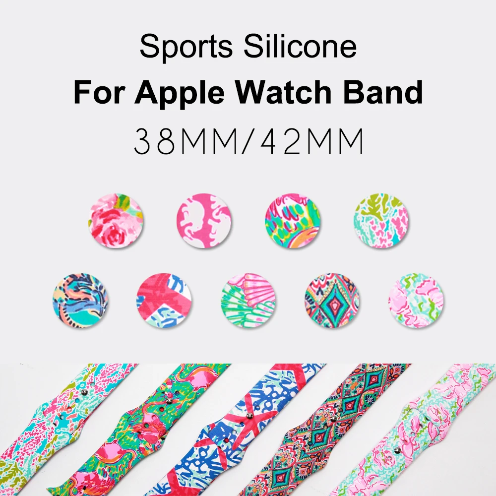 

Fashion Flowers Print Silicone Replacement Sport Band For Apple Watch Series1234 38mm 42mm 44mm 40mm, Black,gold,blue,red