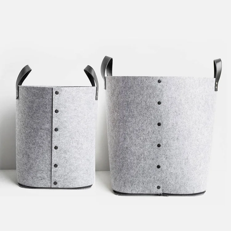 

Durable Felt Laundry Storage Basket Foldable Felt Toy Storage Organizer With Pu Leather Handles, Grey