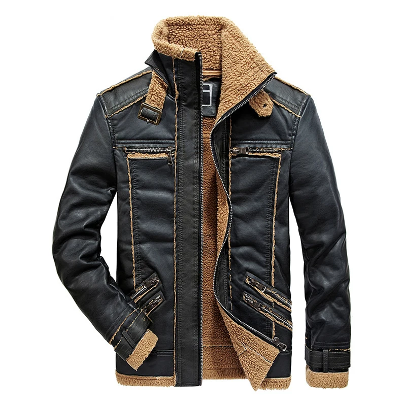 

Autumn and winter plus velvet men's leather men's casual fashion stitching casual leather jacket, Black/coffee