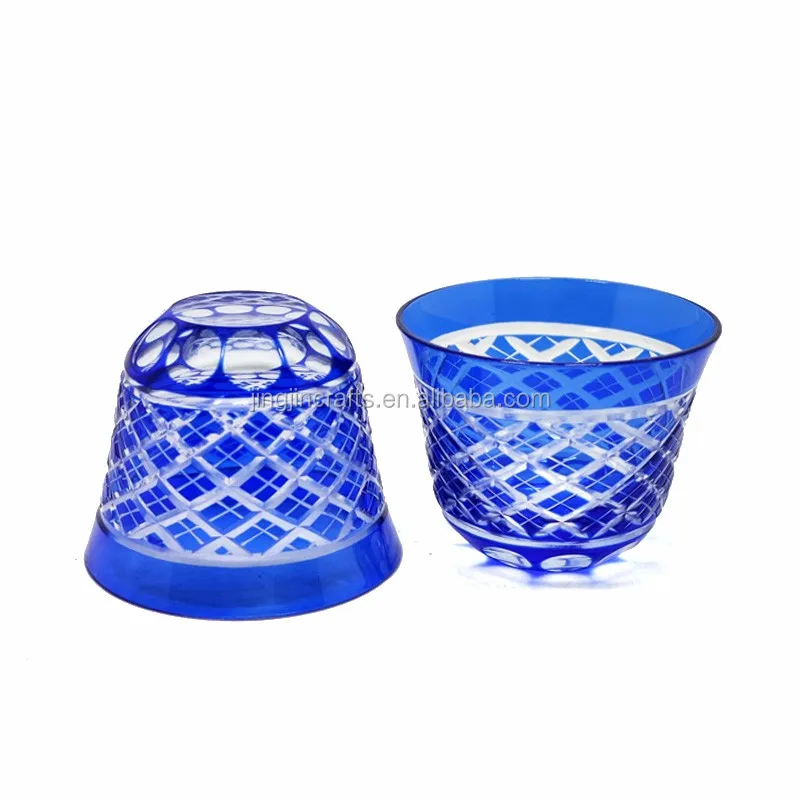 

Cheap price stock edo kiriko hand cut glass wine cup tea glass bowl, Blue