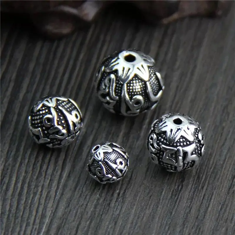

925 Sterling Silver Jewelry Findings Thai Silver vintage Six Words Mantra Round Spacer Beads, Vintage silver