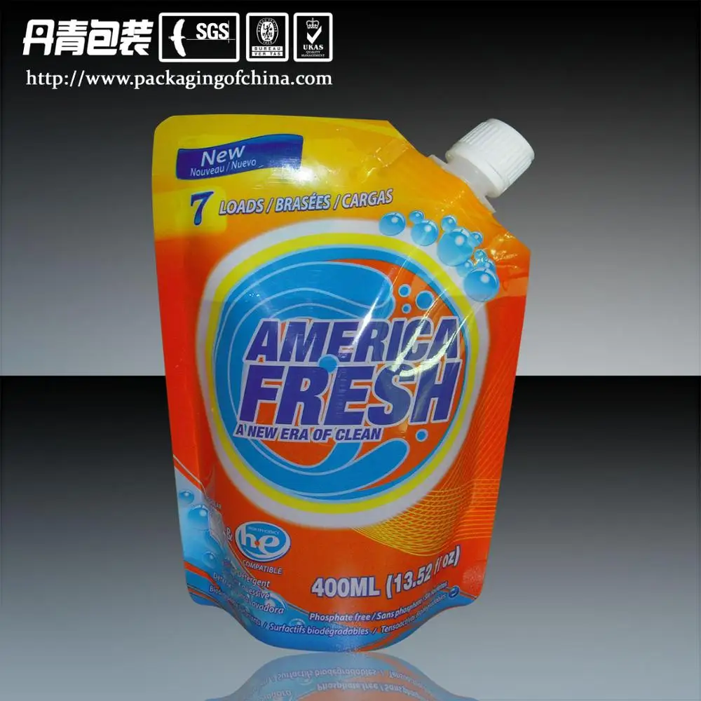 Gravure printed plastic standing pouch with spout for refill detergent packaging