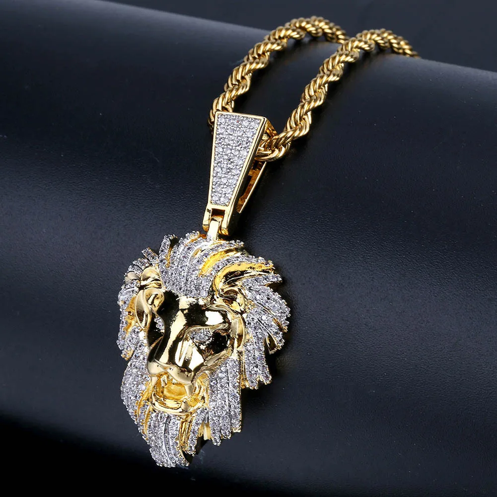 Real Gold Plated Zircon Lion Head Hiphop Men's Hanging Necklace