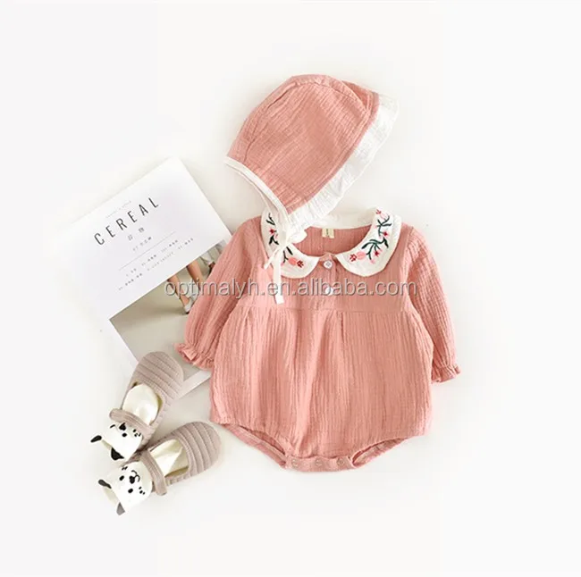 

Wholesale long sleeve embroidery pink Baby cotton romper with matching hat, Picture