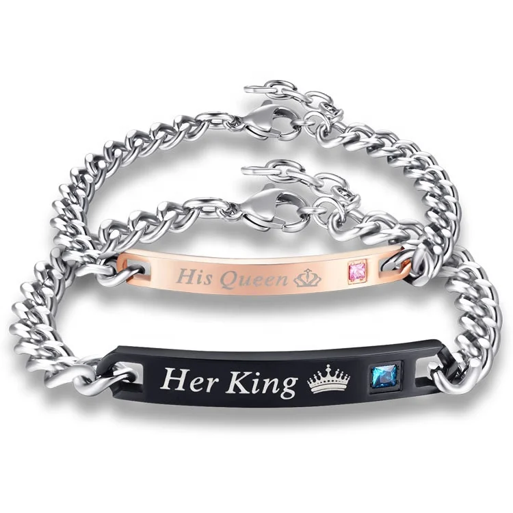 

Hot Selling Fashion Her King His Queen 316L Stainless Steel Couple Bracelets, Rose gold,black
