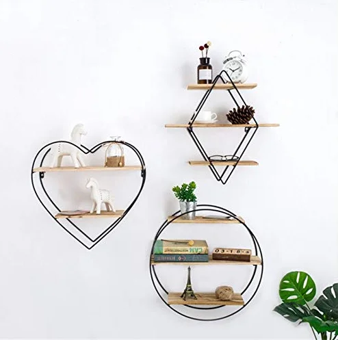 

Modern Wooden and Metal Decorative Heart Shape Floating Wall Storage Shelves