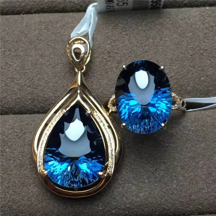 

18k gold South Africa real diamond natural blue topaz necklace pendant ring jewelry set for women
