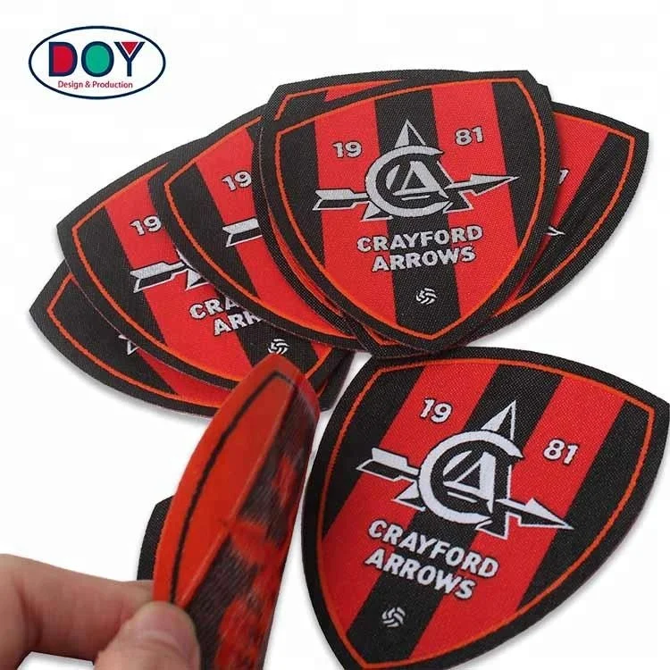 

Wholesale Custom Brand Name Logo Laser Cut Iron on Woven Fabric Patch Label for Sportswear and Hat, Customer appointed color