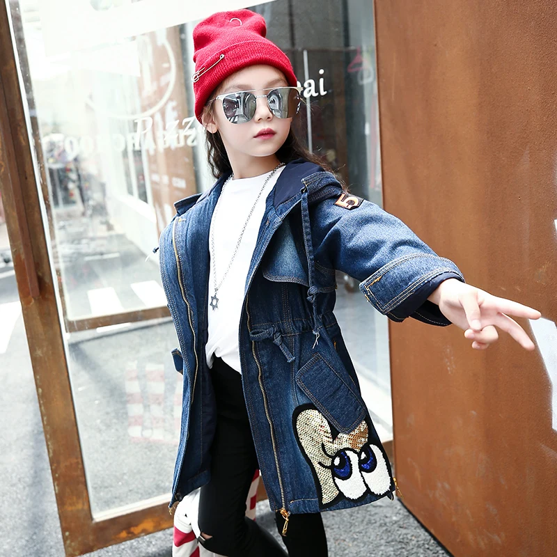 

Girls Denim Coat Embroidered Paillette Cartoon With Hood Jeans Overcoat, As picture