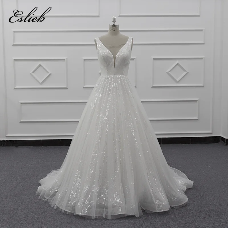 

Eslieb 2019 sparkle sequins V neck a line wedding gown open back saudi arabia bridal dress princess style wedding dresses, Ivory