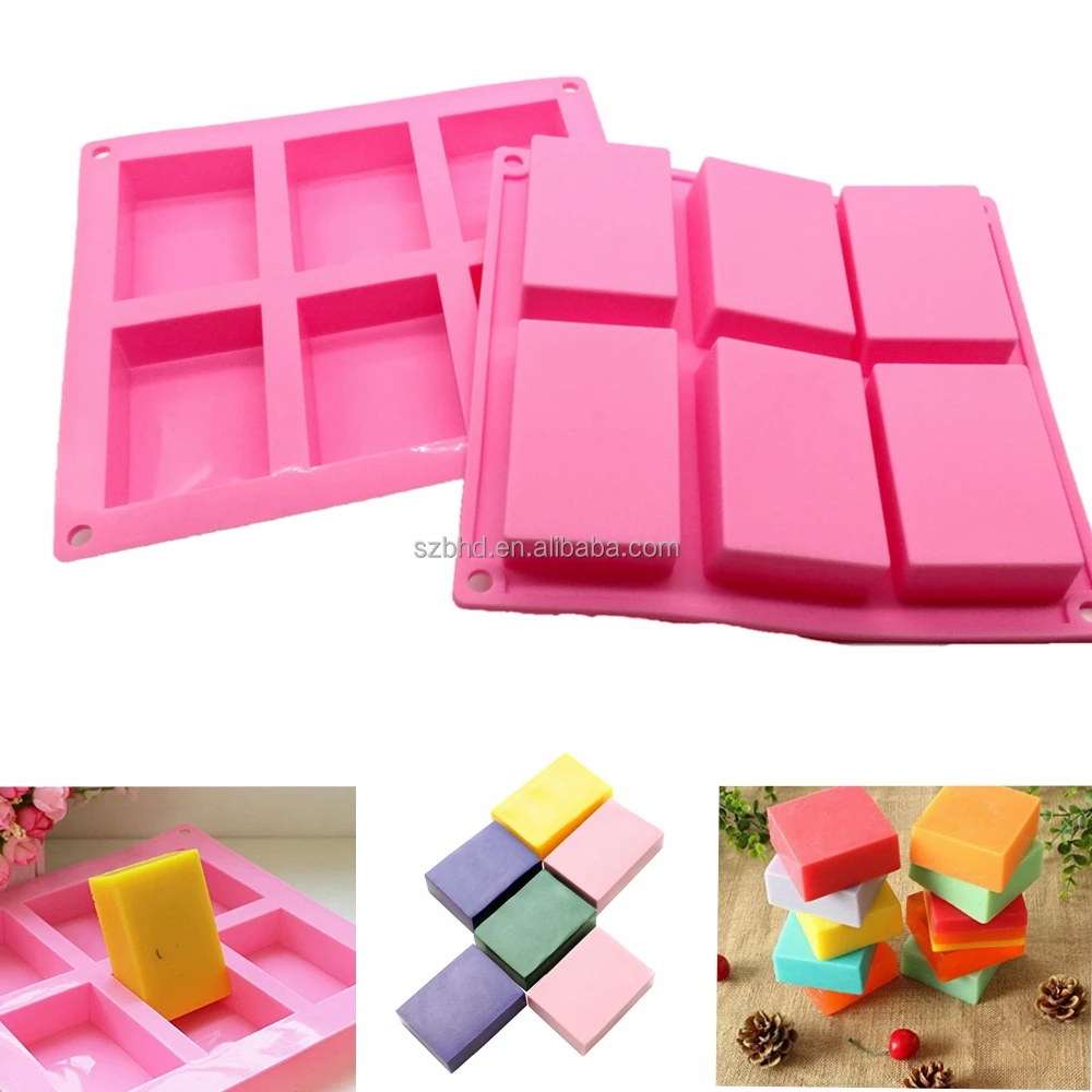 

Wholesale Handmade DIY FDA Silicone 6 Cavity Rectangle Loaf Soap Molds, Pink or panton color