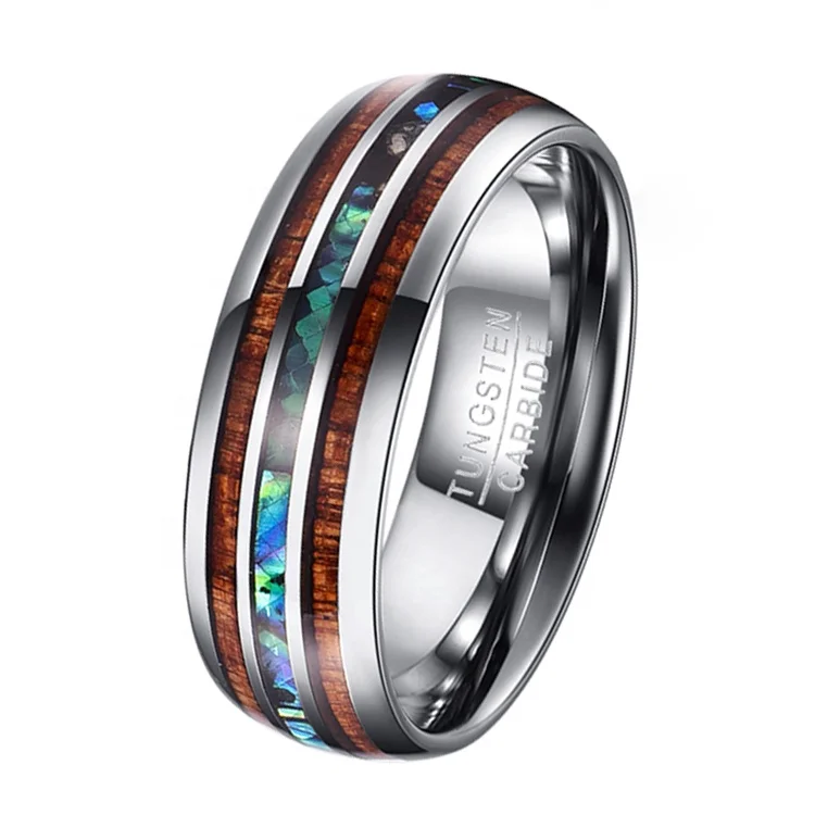 

8MM Tungsten Carbide Rings Hawaiian Wood Abalone Shell RingTrend For Men Women Lovers' Wedding Bands Engagement Rings 5#-15#, Tungsten color or custom colors