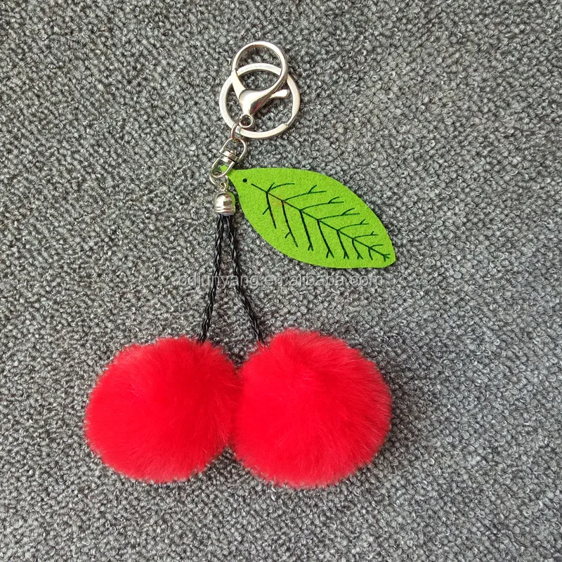 Fake Pom Poms Key Chain Cherry Shape Pompom Keychain Faux Ball Rabbit