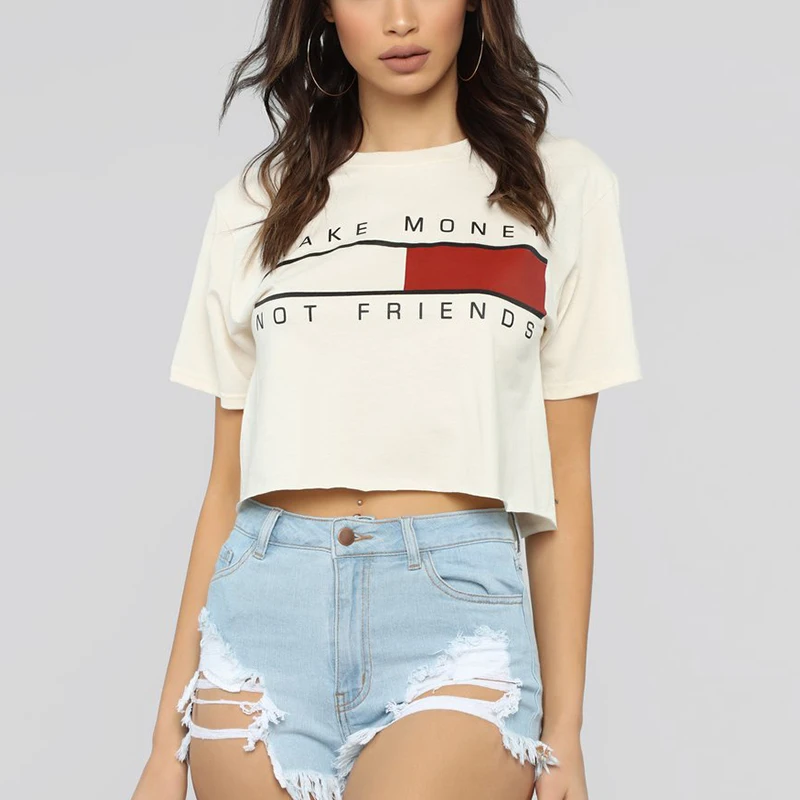 

Summer Women Sexy Crop Top Shirt Print White Tees Women Short Sleeve O-Neck T-shirt