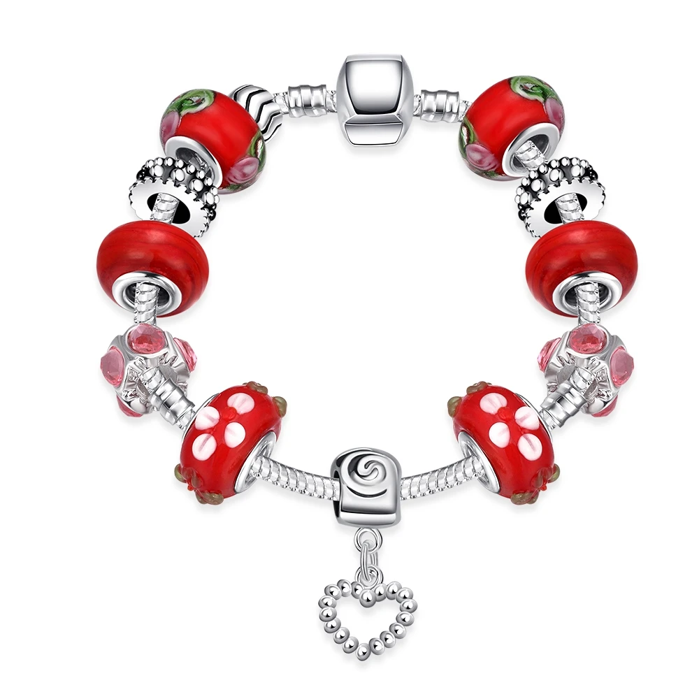 

SJ Cute Vogue Heart Jewelry Glaze Bead Red Petal Ethnic Style Magnet Buckle Cubic Zirconia Women Charm Bead Bracelet for Girls