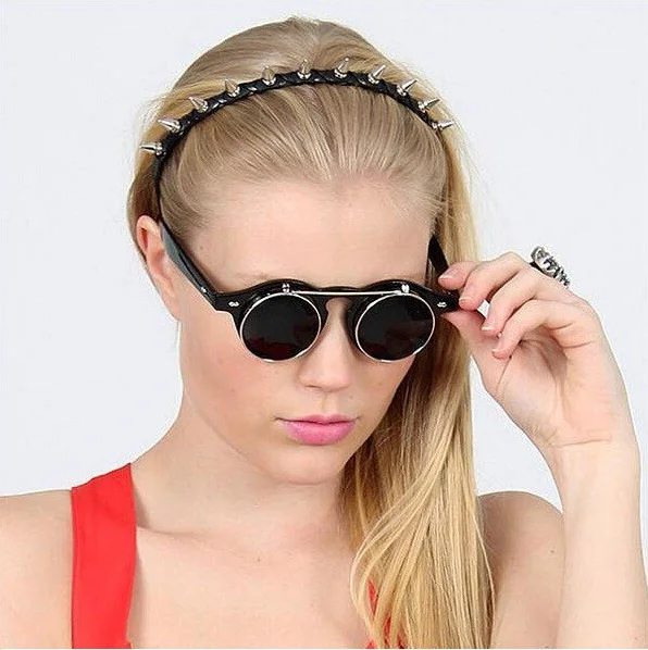 

Sunflower vintage round retro steampunk trending flip up sunglasses