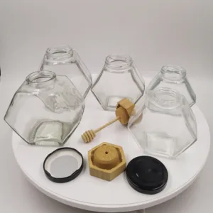 Image of Ready to shipping 190ml Hot sale high quality hexagon glass honey jar for food storage with metal lid