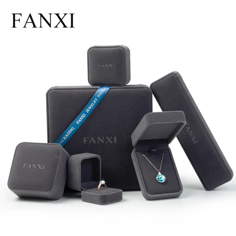 

FANXI Luxury Gift Jewellery Packaging Boxes For Wedding Ring Necklace Bracelet packing Custom Logo Gray Velvet Box Jewelry, N/a