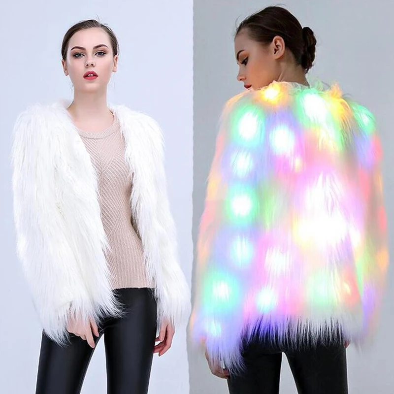 Fashion Women Faux Fur Coat Led Lights Plus Size Christmas Costumes Fur Jacket Festival Winter Warm Party Club Outwear