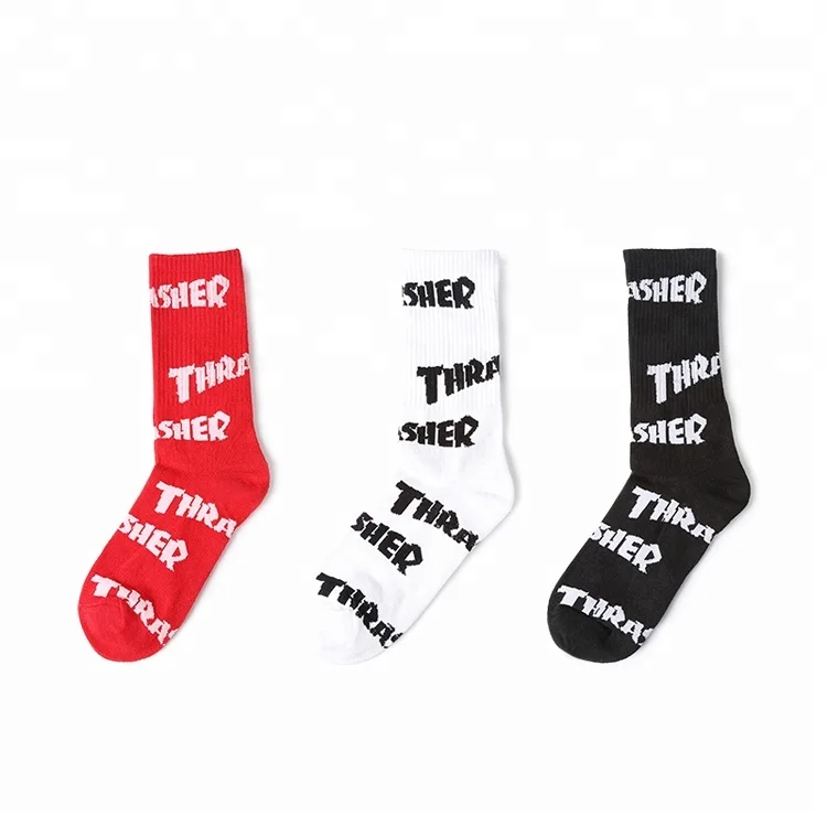 

Wholesale OEM Custom Letter Logo Jacquard Socks Men Women Street Funky Skate Cotton Sport Socks